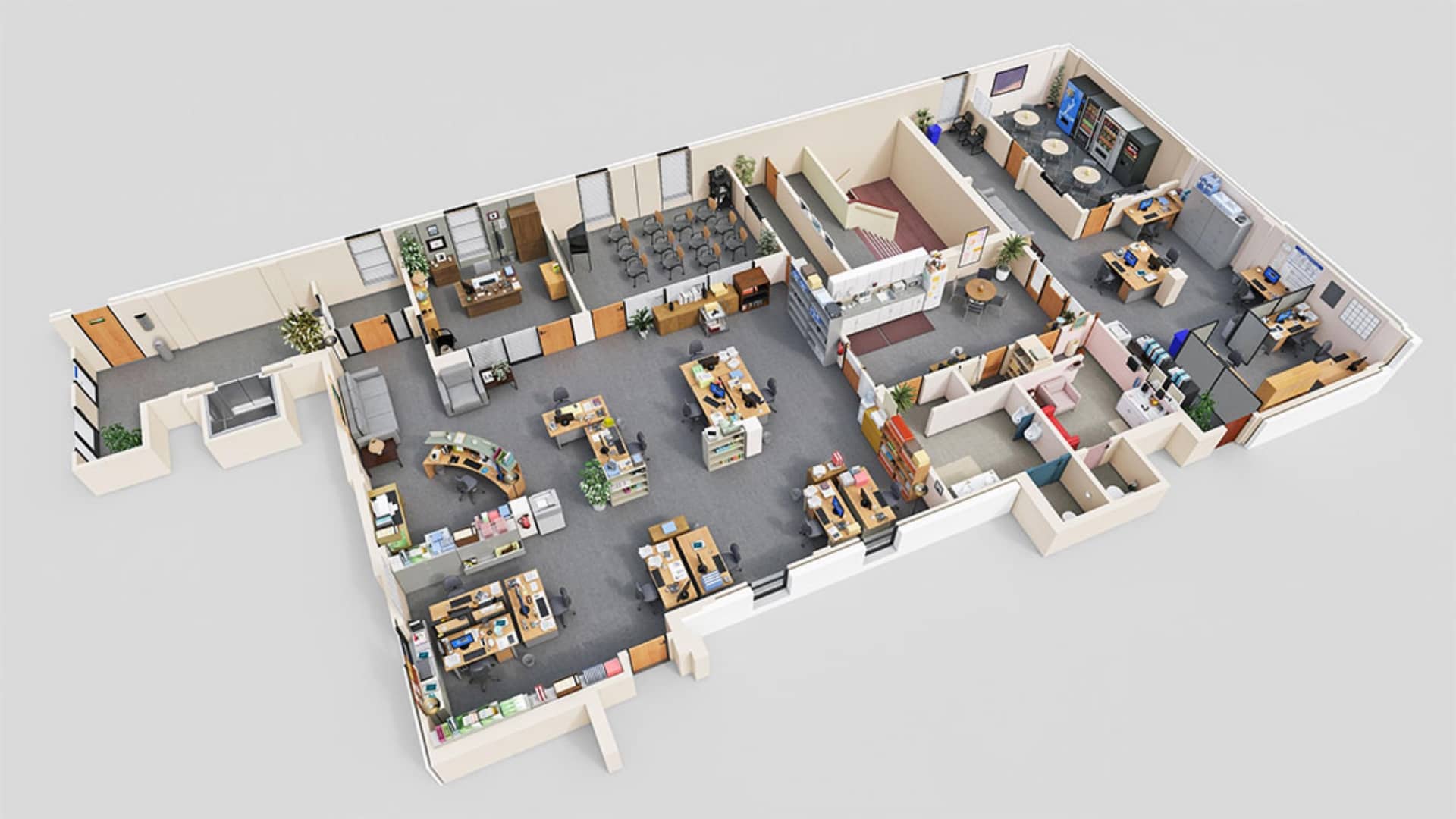 Bird’s-eye 3D view of an office layout with desks, meeting areas, and workspaces.