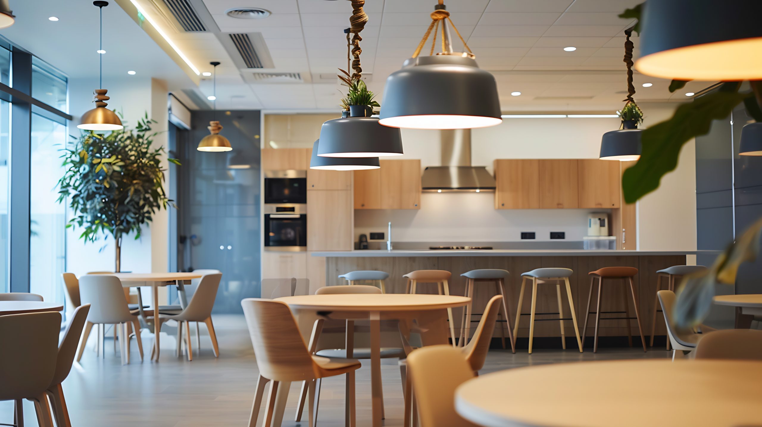 Workplace kitchen ad dining area with tables chairs and food prep facilities