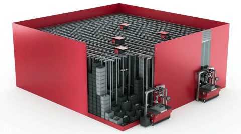 Fully autonomous warehouse robots, shown in a clean 3D render.