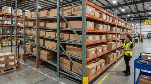 A high-density storage system featuring multi-level metal racking filled with rows of uniform cardboard boxes.