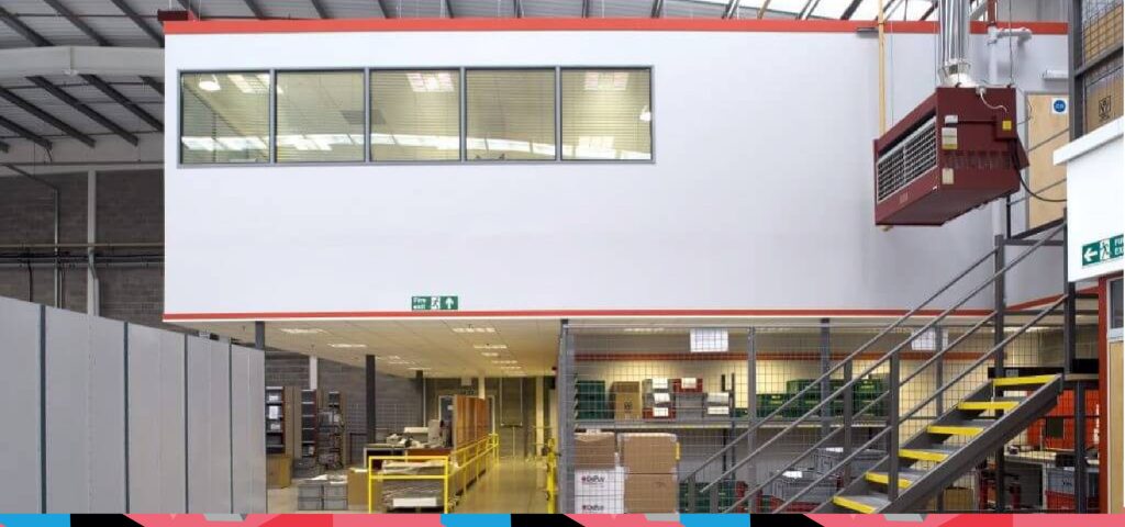 Industrial mezzanine floor that provides additional office space by using steel partitioning