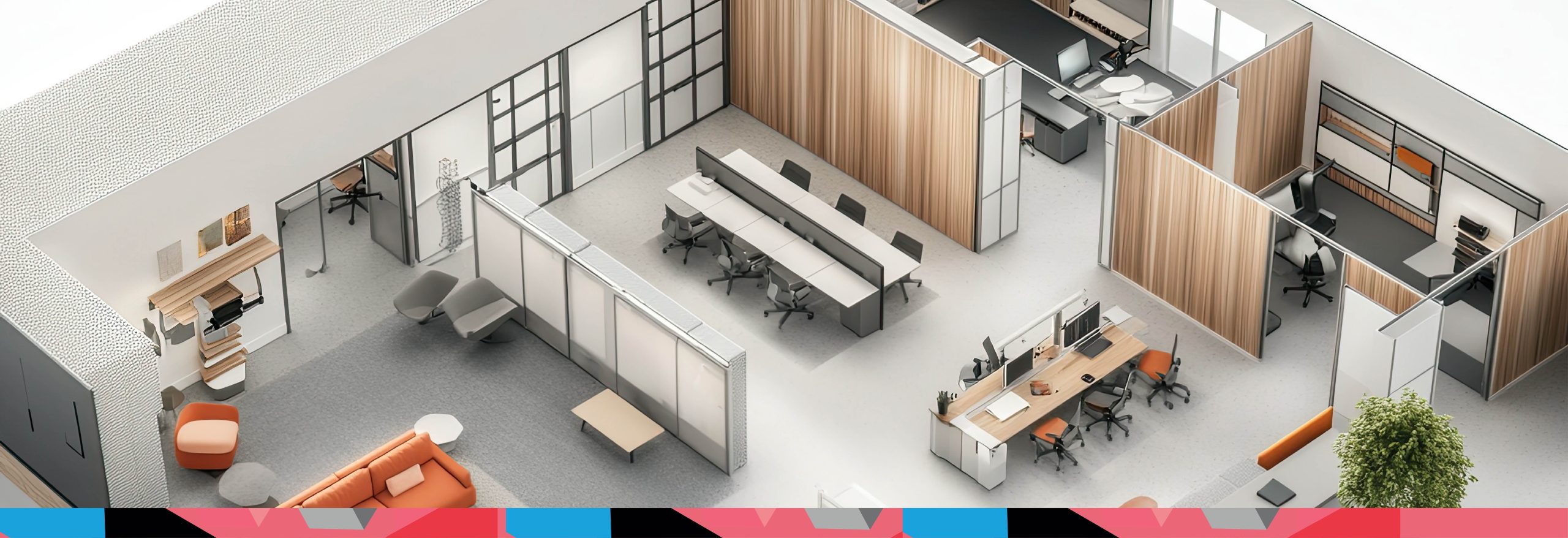 office layout scope 3D Office layout design including partitions, furniture and material samples