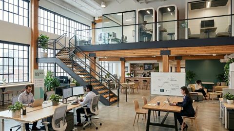modern office space with different work zones and an upstairs mezzanine area