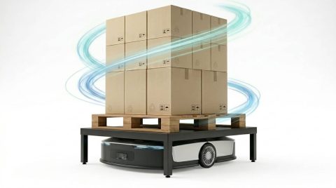 Autonomous warehouse robot carrying a pallet with stacked cardboard boxes, shown in a clean 3D render.