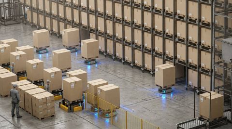 3D-rendered pallet-to-person warehouse system with autonomous mobile robots transporting boxed pallets between storage racks and picking stations.