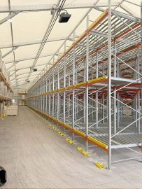 Push back pallet racking system in a warehouse environment.