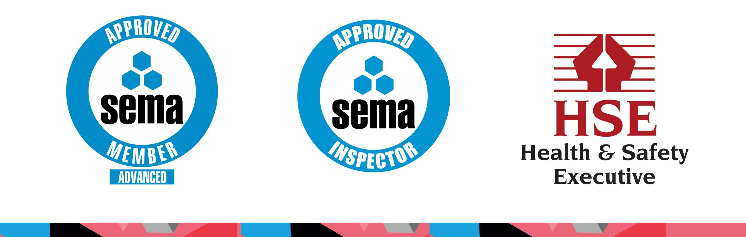 sema and hse icons Storage Equipment Manufacturers Association Full Member with Approved inspector icon and Health & Safety Executive Icon