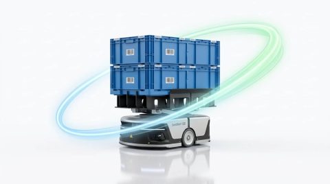 Autonomous warehouse robot carrying stacked blue storage bins with motion trails around it, shown in a clean 3D render.