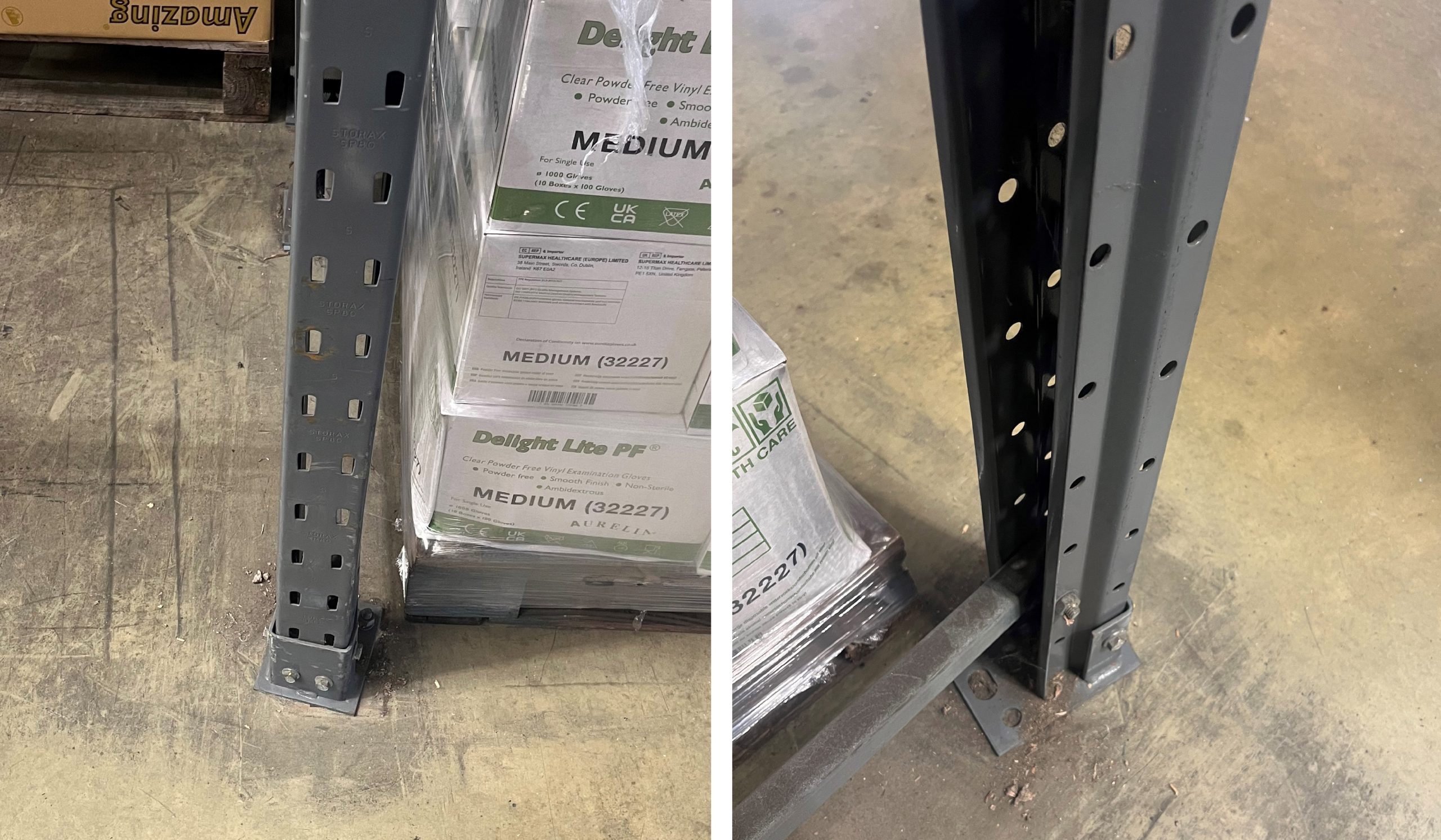 Signs of overloading pallet racking bays include twisting upright posts and bowing beams