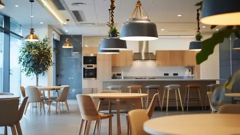 Workplace kitchen ad dining area with tables chairs and food prep facilities