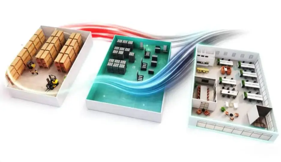 A 3D isometric visualization illustrating integrated facility design, showing a warehouse with pallet racking, a technical storage area, and a modern office layout connected by flowing light trails.
