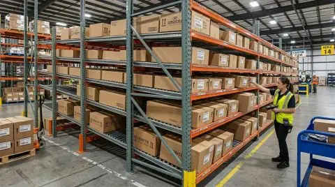 A high-density storage system featuring multi-level metal racking filled with rows of uniform cardboard boxes.