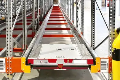 An example of a pallet shuttle within a shuttle racking system.