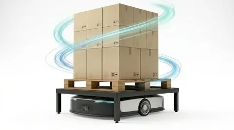 Autonomous warehouse robot carrying a pallet with stacked cardboard boxes, shown in a clean 3D render.