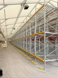Push back pallet racking system in a warehouse environment.