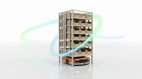 Autonomous warehouse robot carrying stacked shelves with cardboard containers on them, shown in a clean 3D render.
