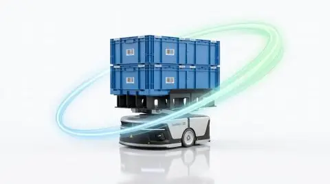 Autonomous warehouse robot carrying stacked blue storage bins with motion trails around it, shown in a clean 3D render.